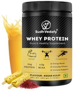 Sudh Vedafy Whey Protein Powder for Muscle Support & Recovery, Vegetarian - Primary Source Whey Isolate I Kesar Kulfi I 400g (1.101 lbs) 14 Serves